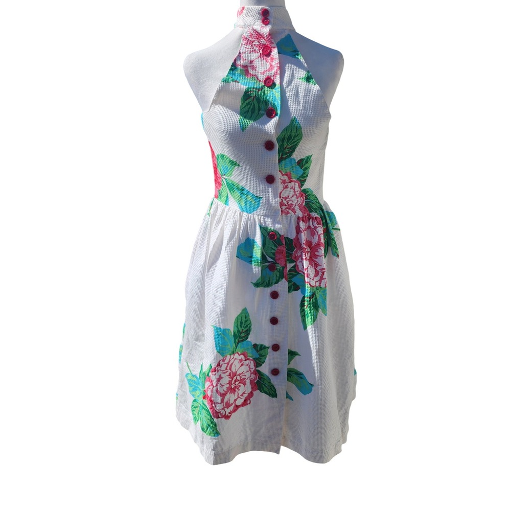 Vintage Sally Lou Floral Seersucker Halter Dress White Pink Button Front Size 12